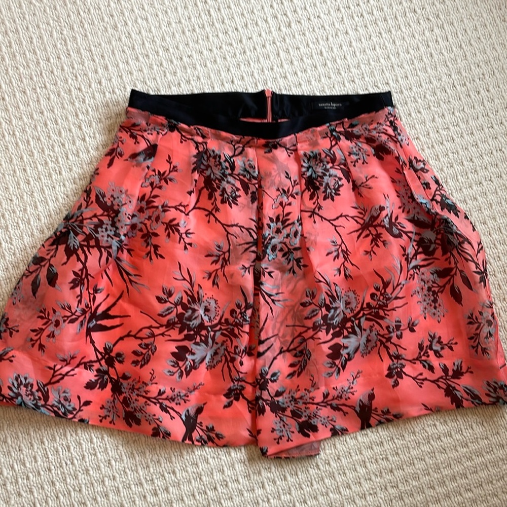 Nanette Lepore Coral Floral Print Skirt with Black Waistband